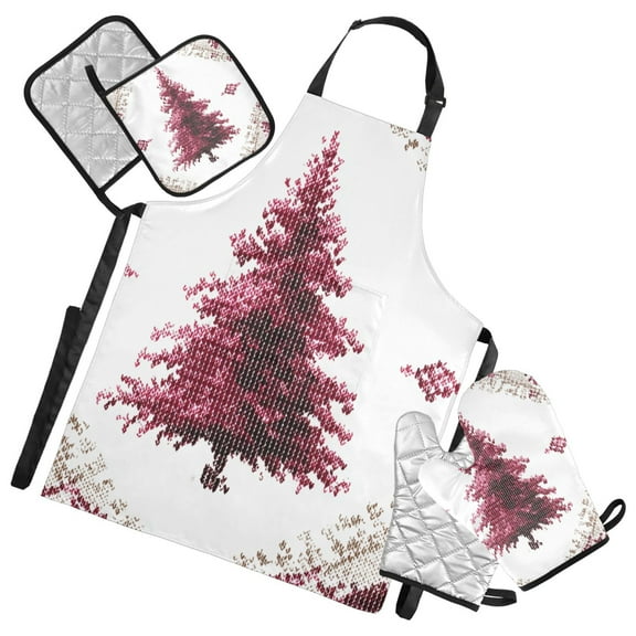 Red Christmas Tree Vintage Apron Set with Oven Mitts Pot Holders Set of 5 Kitchen Stuff Accessories