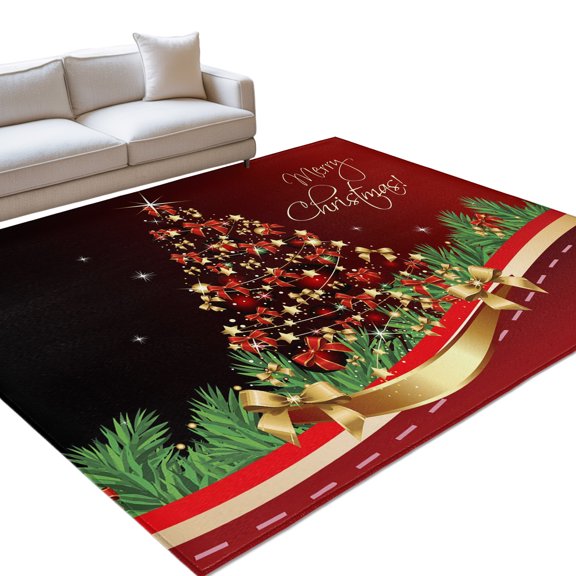 Red Christmas Tree Washable Rug 6x9 Area Rug for Living Room Bedroom Non Slip Indoor Floor Rectangle Carpet Low Pile Large Xmas Bows Pine Branches Lamps New Year Entryway Rugs for Dining Room Office