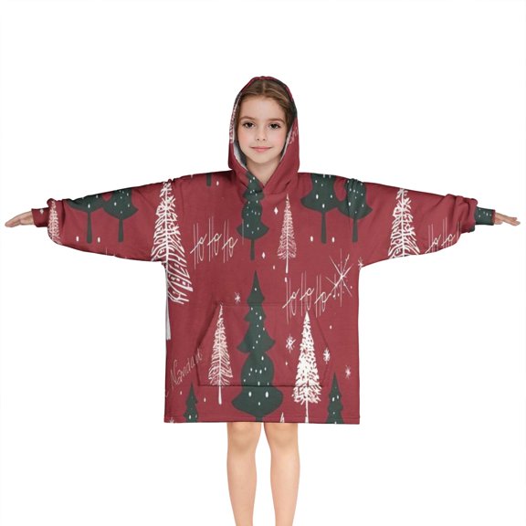Red Christmas Tree and Snow Pattern Blanket Hoodies for Kids 6-13YR Oversize Wearable Blanket Hoodies for Boys Girls Teens