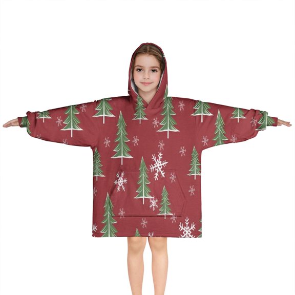 Red Christmas Tree and Snowflake Pattern Blanket Hoodies for Kids 6-13YR Oversize Wearable Blanket Hoodies for Boys Girls Teens