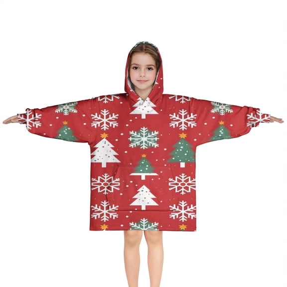 Red Christmas Tree and Snowflake Pattern Blanket Hoodies for Kids 6-13YR Oversize Wearable Blanket Hoodies for Boys Girls Teens