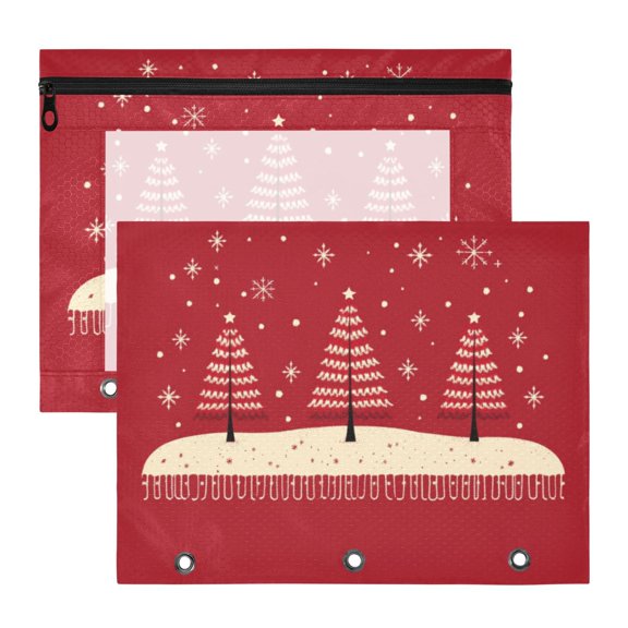 Red Christmas Trees 3-Ring Binder Pouches A4 Size Zipper Pocket File Storage 2 Packs