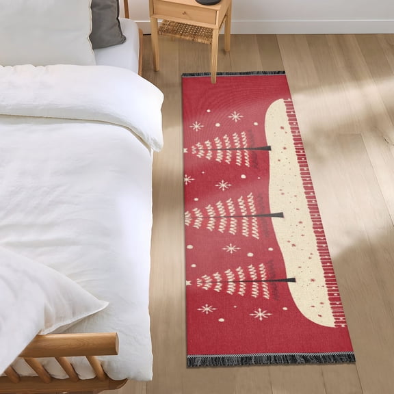 Red Christmas Trees Bedside Runner Rug 2'x 6' Non Slip Carpet Floor Mat Area Rug