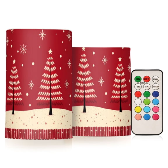 Red Christmas Trees Flickering Flameless Candles LED Tealight Battery Operated with Remote Set of 2 Holiday Decor Ornaments
