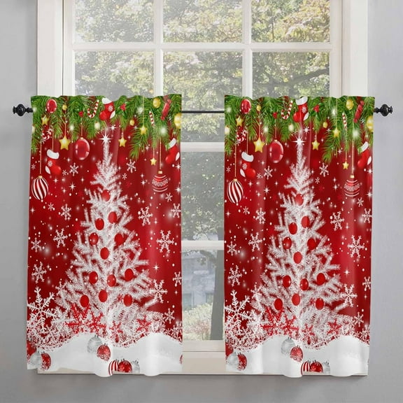Red Christmas Trees Kitchen Curtains 54 Inches Long, Xmas Pine Snowflake Red Ball Rod Pocket Window Curtains Panels for Bedroom/Bathroom/Nursery, Light Filtering Treatment Curtains Drapes 42"x54"
