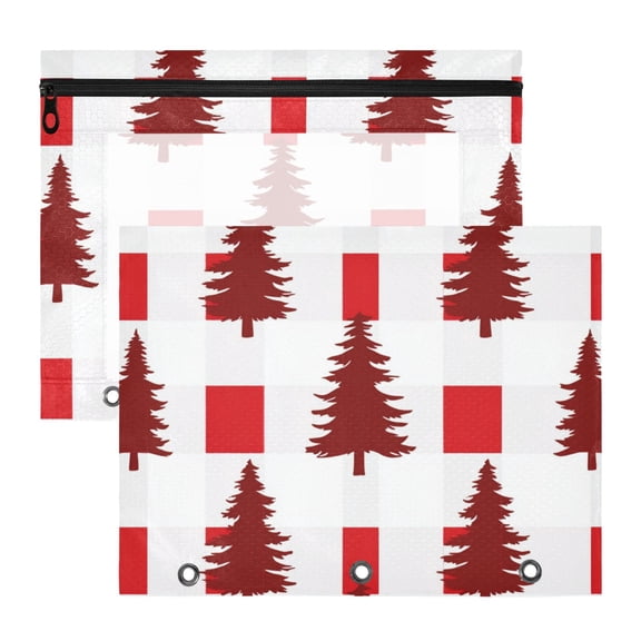 Red Christmas Trees Plaids 3-Ring Binder Pouches A4 Size Zipper Pocket File Storage 2 Packs