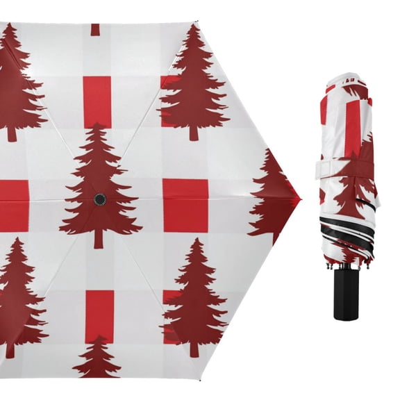 Red Christmas Trees Plaids All Weather Umbrella Triple Folding Parasol 6 Ribs UV Protection Portable