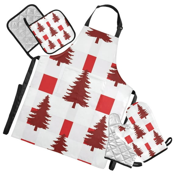 Red Christmas Trees Plaids Apron Set with Oven Mitts Pot Holders Set of 5 Kitchen Stuff Accessories