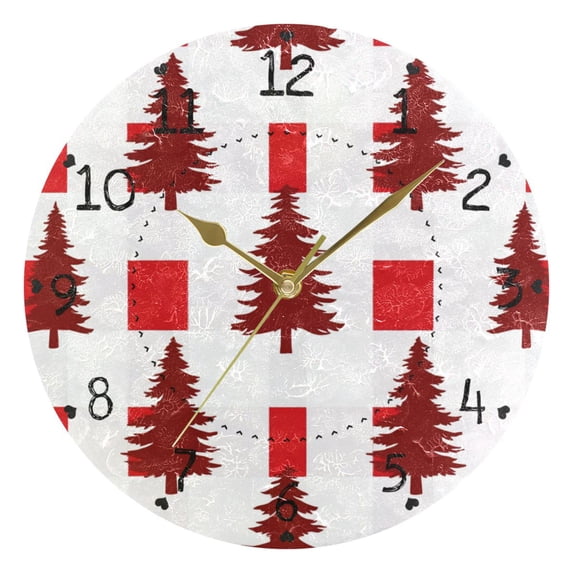 Red Christmas Trees Plaids Round Wall Clock Silent Analog Battery Operated Gold Pointer Home Decor 9.84" Diameter