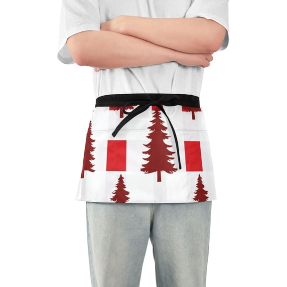 Red Christmas Trees Plaids Short Server Apron with 3 Pockets for Unisex Chef Gardening