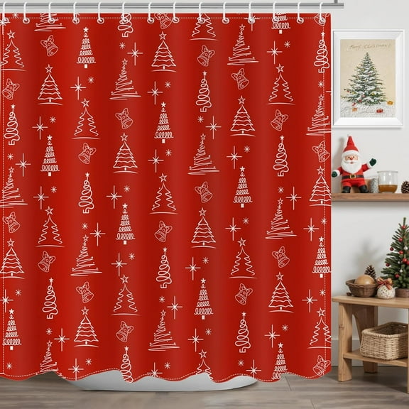 Red Christmas Trees Shower Curtain for Bathroom Cute Xmas Pine Trees Balls Christmas Bathroom Decor Bath Shower Waterproof Fabric Winter Holidays Home Decor Bath Curtain, 66 X 72 Inch