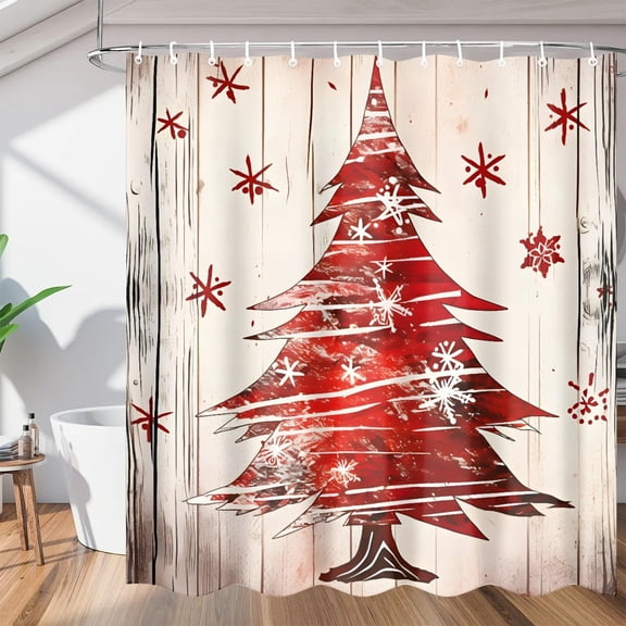Red Christmas Trees Shower Curtain, Waterproof Fabric Shower Curtain, Washable Polyester Bath Curtain for Holiday Bathroom Decor 36"W X 72"H