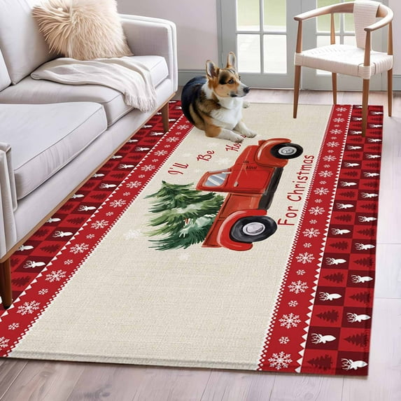 Red Christmas Truck Area Rug 4x6 Washable Rug Non Slip Xmas Tree Snowflake Plaid Winter Large Area Rug Indoor Floor Carpet for Entryway Bedroom Kitchen Living Room Home Office Dining Room Nursery