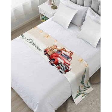 Red Christmas Truck Bed Runner for King Size Bed, Xmas Botanical Snowflake Rustic Bedspread Protector Slipcover Bed Scarf for Foot Bed Runners & Scarves for Bedroom Hotel Wedding Room 102x20 Inches