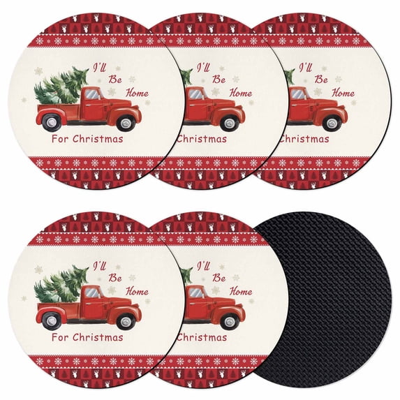 Red Christmas Truck Coasters Set of 6, Absorbent Coasters for Drinks, Xmas Tree Snowflake Plaid Holiday Coaster for Desk Coffee Table Protection, Home Decor House Warming Gifts 4"