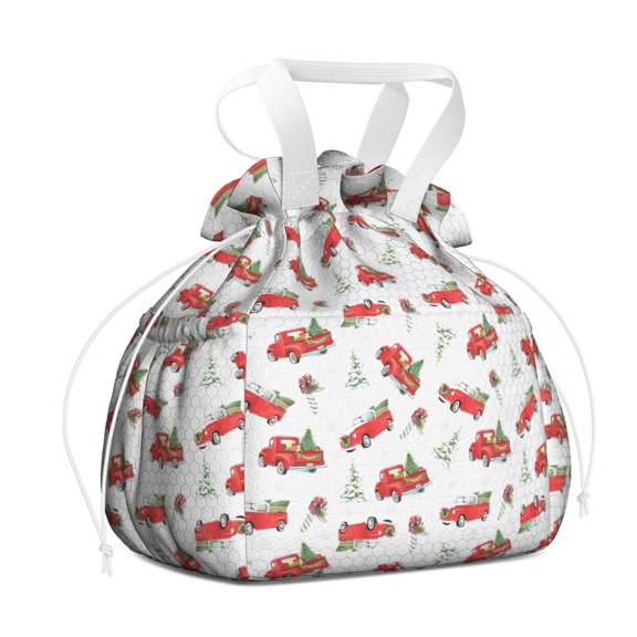 Red Christmas Truck Pattern Drawstring Lunch Bag Women - Drawstring Lunch Bag Insulated for Work Office - Stain-Resistant Large Lunchbags for Women with Multi-Pockets