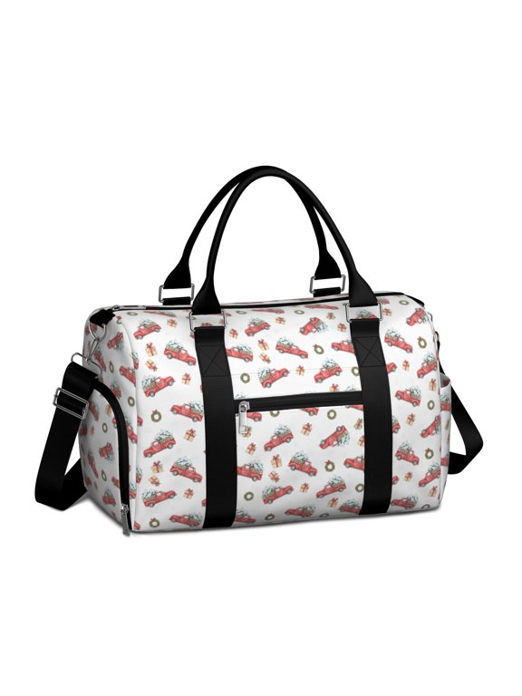 Red Christmas Truck Pattern Gym Bag with Shoe Compartment, Weekender Bag with Wet Pocket and Trolley Sleeve, Durable Gifts Ideas for Gym Travel Weekend,17.3 X 11.8 X 7.5 Inches
