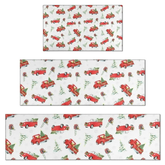 Red Christmas Truck Pattern Kitchen Rugs Sets Of 3,Kitchen Runner Rugs Non Skid Washable,Decorative Kitchen Floor Mats for Kitchen,Sink,Laundry,17"x30"+ 17"x47" + 17"x59"