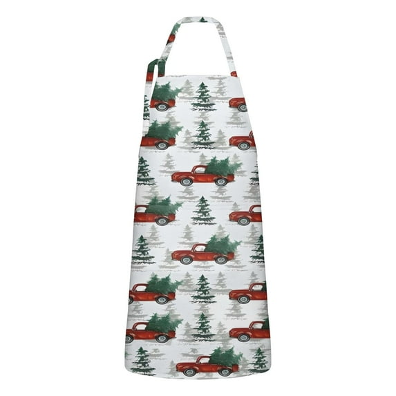 Red Christmas Truck and Tree Apron-Garden Aprons for Women with Pockets-Cotton Linen Waterproof Kitchen Cooking Gardening Aprons Adjustable for Kitchen,Cooking,BBQ and Salon 32"x27"