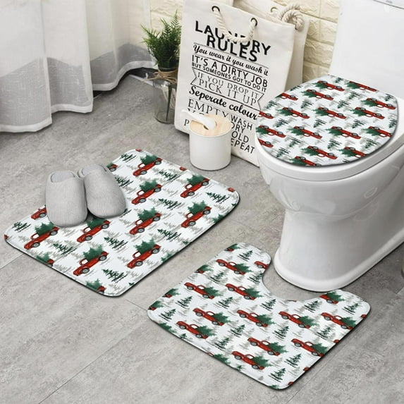 Red Christmas Truck and Tree Pattern Bathroom Rugs Sets 3 Piece,Toilet Cover Set,Absorbent Non Slip Bathroom Mats Sets with U-Shaped Contour Rug Toilet Rug Set