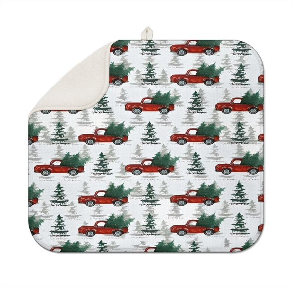 Red Christmas Truck and Tree Pattern Dish Drying Mat for Kitchen 1 Pack, Ultra Absorbent Microfiber Dishes Drainer Mats,16x18in(41x46cm)