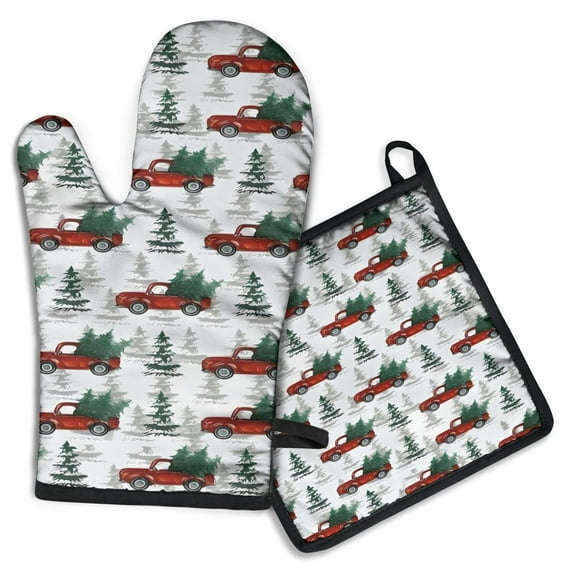 Red Christmas Truck and Tree Pattern Kitchen Oven Mitt and Pot Holder Sets 2 Pcs for Baking, Cooking and Grilling, Heat Resistant Up To 392 °F