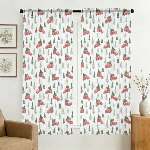 Red Christmas Truck and Tree Pattern Sheer Curtains, Sheer Curtain ...