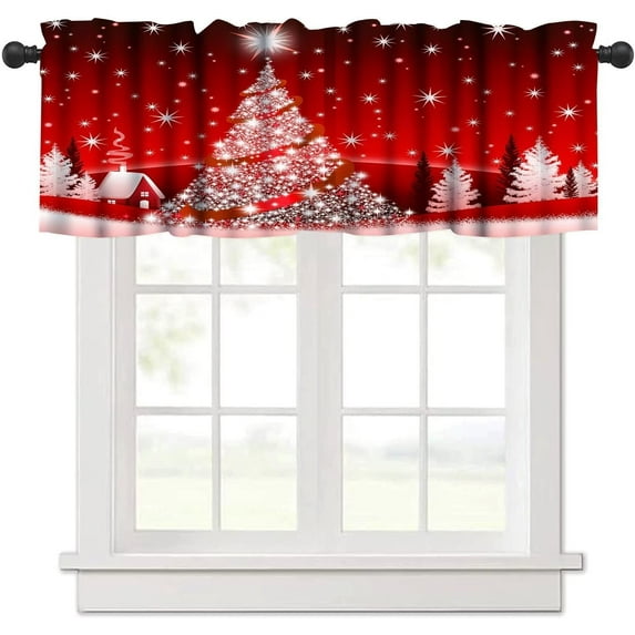 Red Christmas Valance Curtain for Kitchen Windows Snowflakes Xmas Tree Romantic Bathroom Window Curtain Valance Rod Pocket for Bedroom Living Room, 54" X 18"-1 Panel