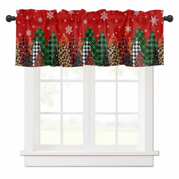 Red Christmas Valances for Windows Leopard Buffalo Plaid Xmas Tree Forest Snowflake Rod Pocket Curtain Valance Window Treatment Short Curtains for Kitchen Living Room, 42"x12"
