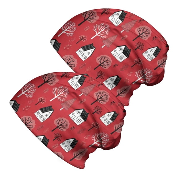 Soft Texture Images Red Christmas Village Pattern 2 Pack Slouchy Beanie Hat, Sleep Head ...
