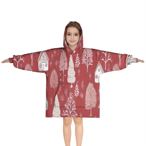 Red Christmas Village Pattern Blanket Hoodies for Kids 6-13YR Oversize Wearable Blanket Hoodies for Boys Girls Teens