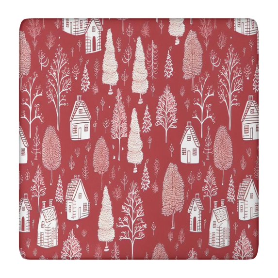 Red Christmas Village Pattern Square Fitted Tablecloth with Elastic Edge,Square Table Cover,Washable Elastic Table Cover for Home Kitchen Party Decor 36"x36"