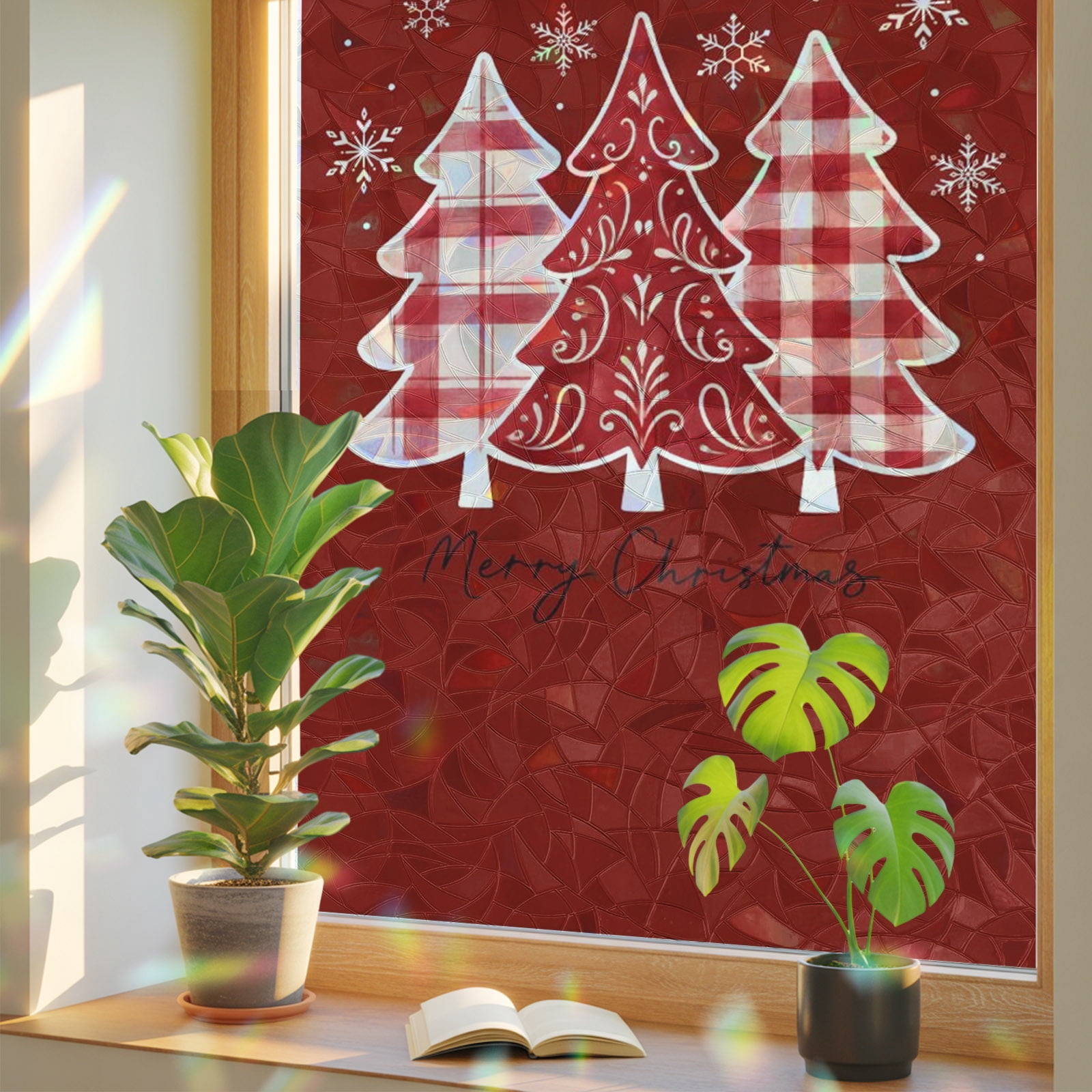 Red Christmas Window Privacy Film Rainbow Static Cling Stain Glass ...