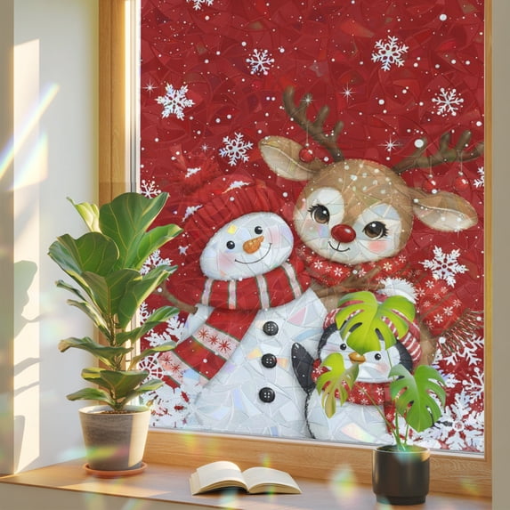 Peguin Sticker Red Christmas Window Privacy Film Rainbow Static Cling Stain Glass ...