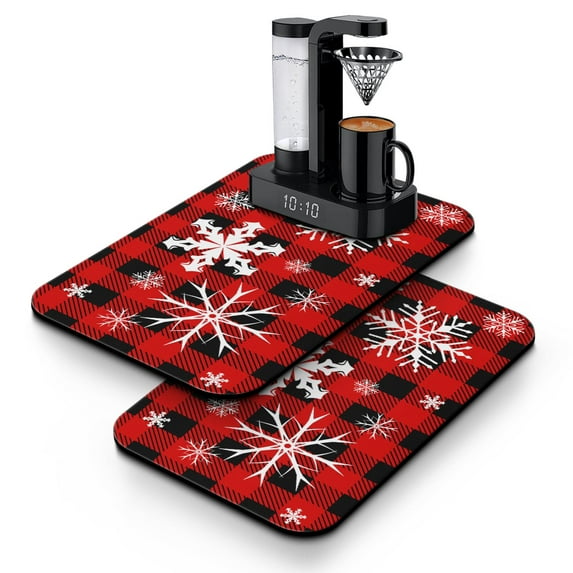 Red Christmas Winter Snoflake Dish Mat Absorbent Drying Mat for Kitchen Counter Folding Kitchen Drying Mat for Kitchen Countertops (19.5x12in,Set Of 2)