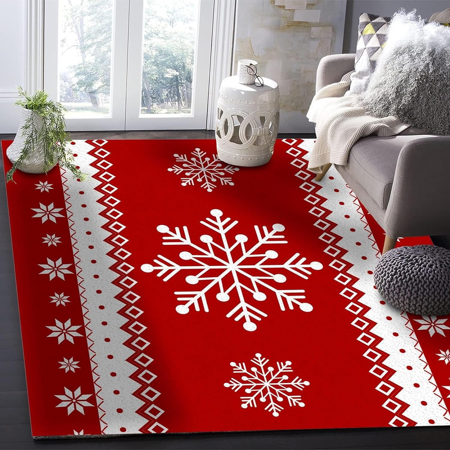 Red Christmas Winter Snowflakes Area Rugs, Geometric Abstract Christmas