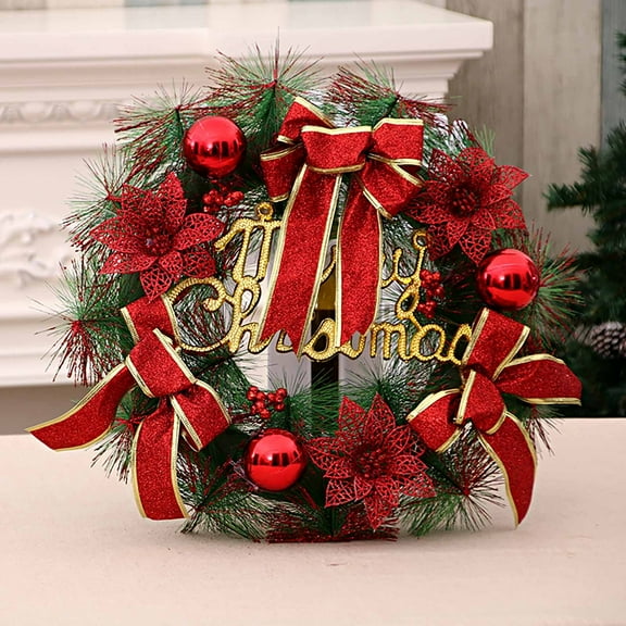 Red Christmas Wreaths for Front Door Pine Needle Wreath with Berries, Flowers and Bowknot Artificial Wreaths for Indoor Outdoor Fireplace Wall Window