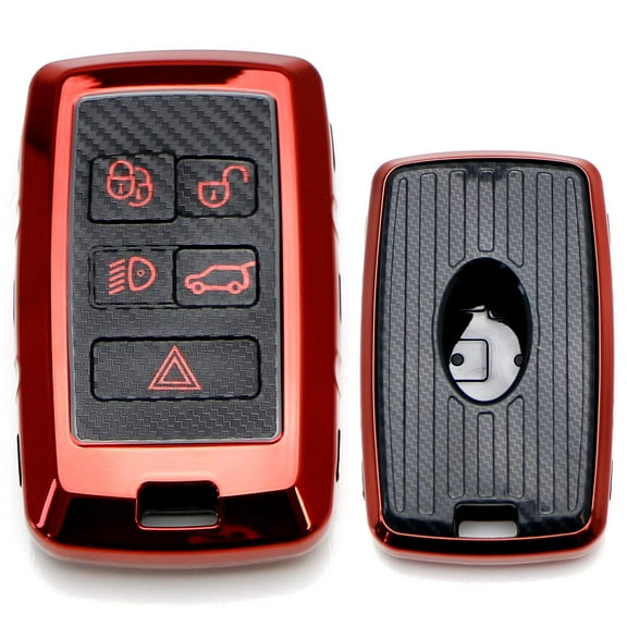 Red Chrome Plated w/Carbon Fiber Pattern Full Coverage TPU Key Fob Protective Case For Land Rover 2018-up Range Rover, Range Rover Sport, Discovery or Defender Smart Key
