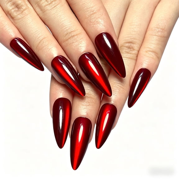 Red Chrome Stiletto Press On Nails, Glossy Metallic Red Fake Nails, Long Stiletto False Nails with Shiny Finish for Women & Girls, Halloween Party & Daily Manicure, Salon & Home Use