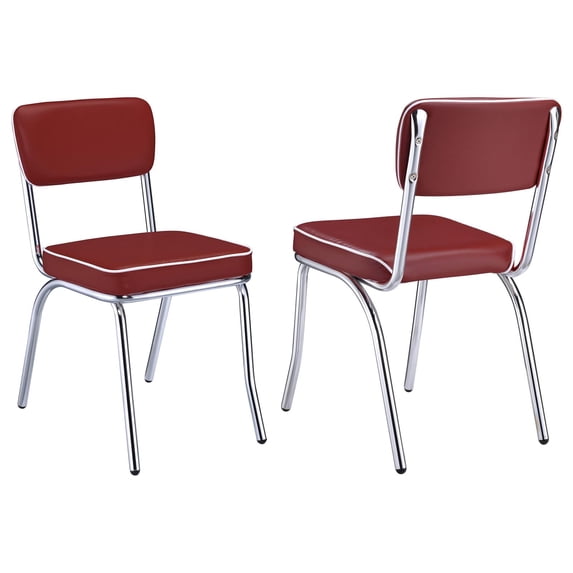 Red Chrome Upholstered Side Chairs (Set of 2) - Modern Dining Room Furniture with Plush Padded Faux Leather Seats, Vintage Inspired Elegant Design, 32.5" H