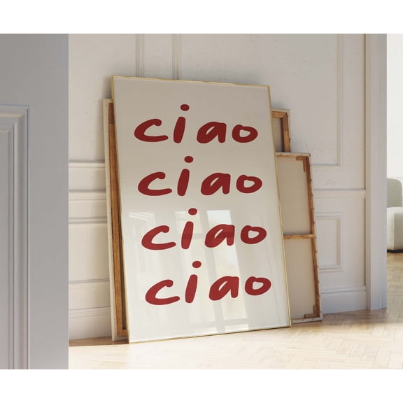 Red Ciao Italian Quote Bold Typography Wall Art, Stretched Canvas 12x16in