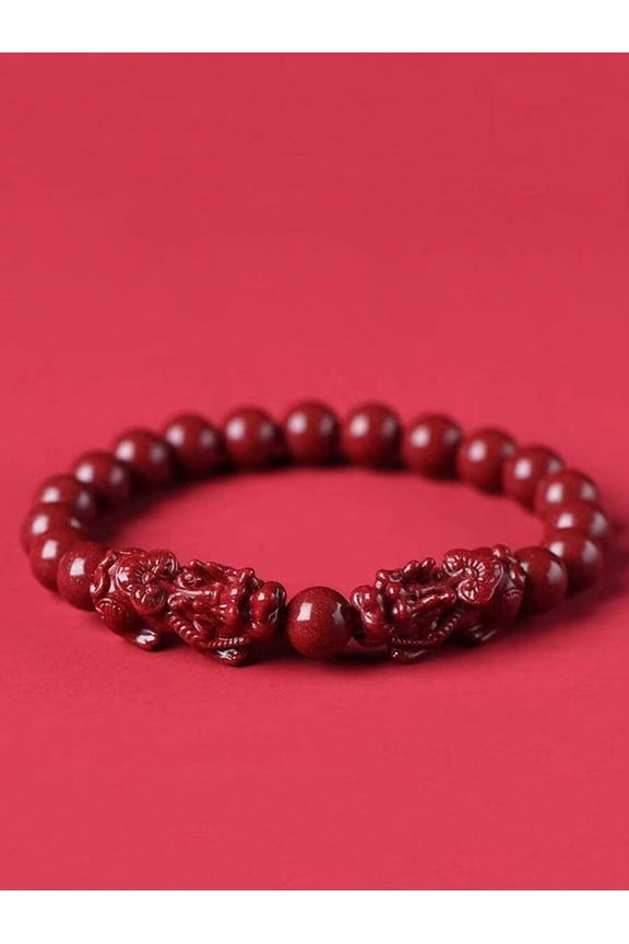 Red Cinnabar Beaded Pixiu Charm Stretch Bracelet 10mm
