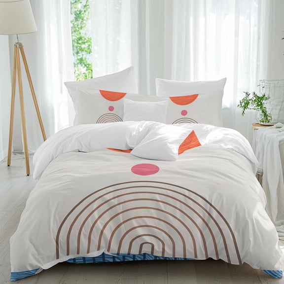 Red Circle Queen Size Comforter Set, Orange Blue Line Beige Background Abstract Modern Bedding for All Seasons, 4 Pcs Bed Set, 1Quiltcover (90"x92") ,1Sheet(94"x116"), 2Pillowcases (30"x20")