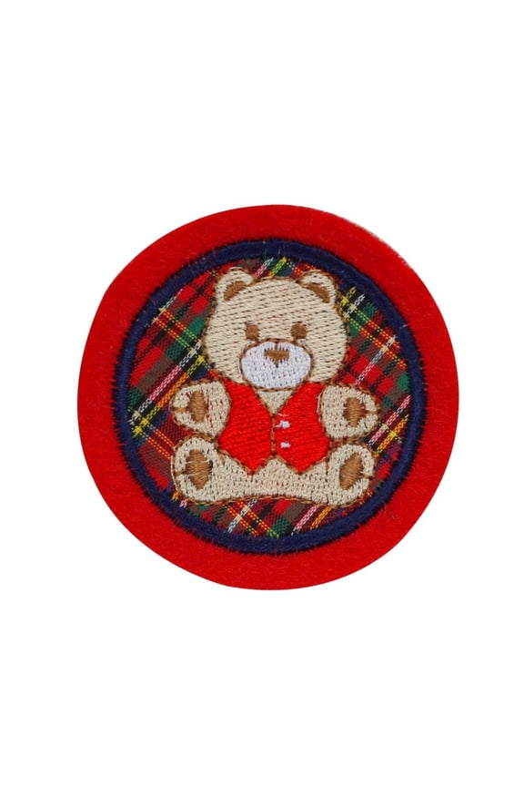 Red Circle Teddy Bear Patch Plaid Badge Stuffed Toy Embroidered Sew On Applique