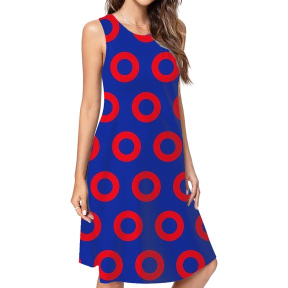 Red Circles On Blue Spring Summer Dresses For Women Fashion Dress Casual Sleeveless Loose Sundress With Pockets