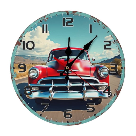 Red Classic Car Wall Clock 10 Inch Silent Non Ticking Round Clock Decoration for Living Room Kitchen Bedroom Bathroom Office Classroom