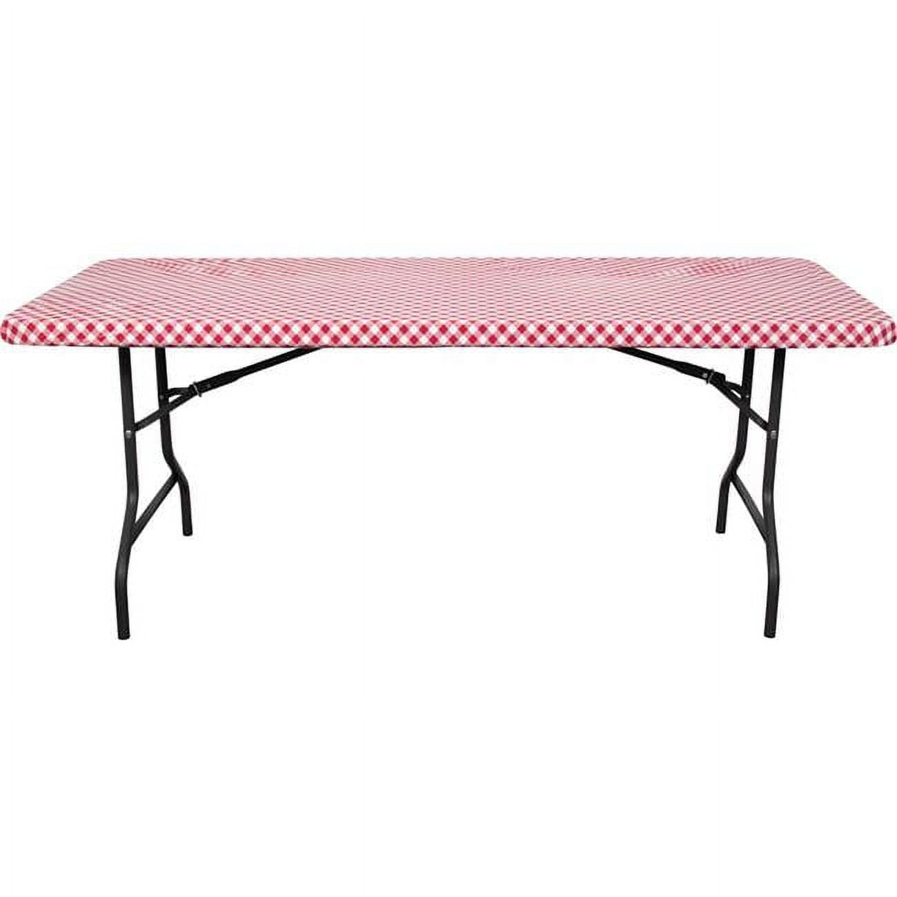 Red Classic Gingham 8' Banquet Stay Put Elastic Plastic Tablecloth