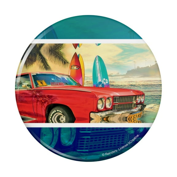 Red Classic Muscle Car Beach with Surf Boards Pinback Button Pin