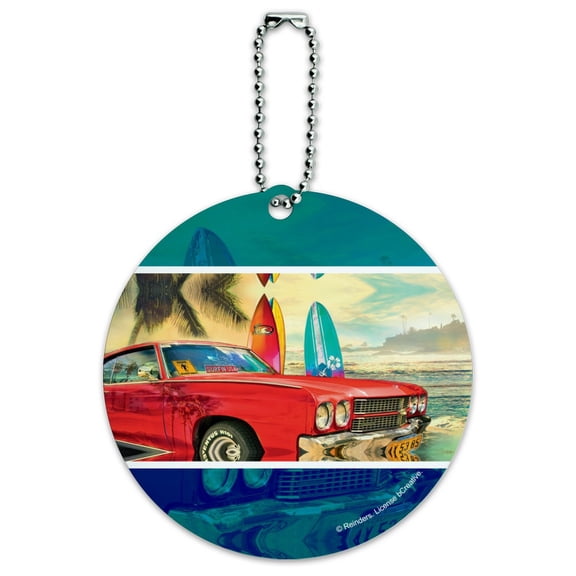 Red Classic Muscle Car Beach with Surf Boards Round Luggage ID Tag Card Suitcase Carry-On
