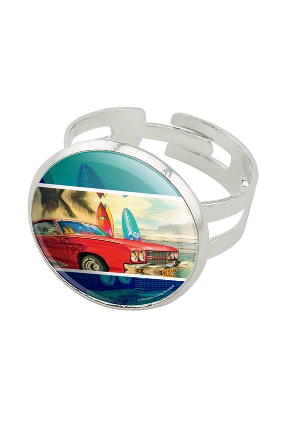 Red Classic Muscle Car Beach with Surf Boards Silver Plated Adjustable Novelty Ring